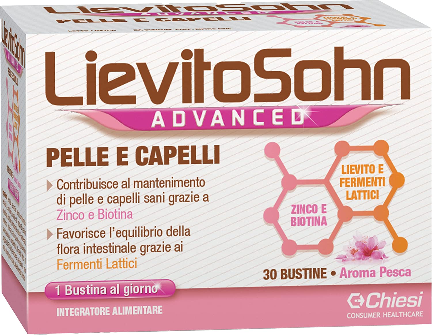 LievitoSohn Advanced Pelle e Capelli – Integratore Alimentare per il Benessere  di Pelle e Capelli a base di Zinco e Biotina, Senza Glutine, Aroma Pesca – Confezione  da 30 bustine